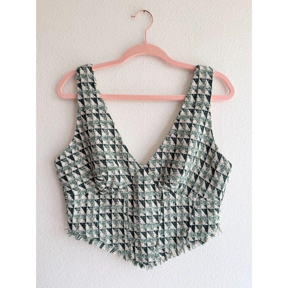 yllw Bryant Jacquard Tweed Cropped Corset Top in Green Cream & Silver size Large